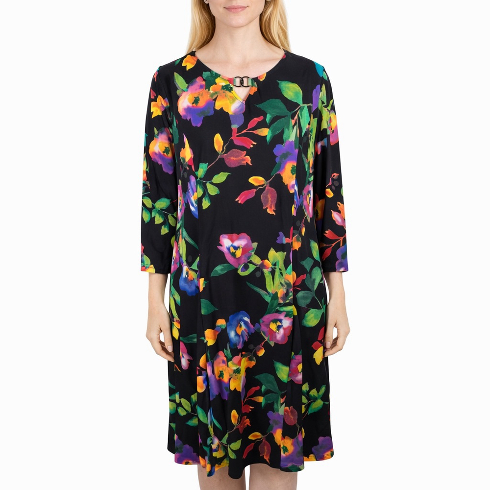 Susan Graver Black Multi Color Floral Dress Liquid Knit A-line Keyhole Size XL